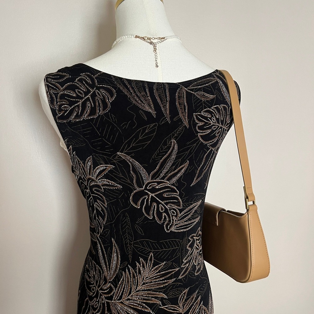 Chico's Travelers Black Bronze Metallic Tropical Leaf Print sling Dress Size L - Picture 6 of 9